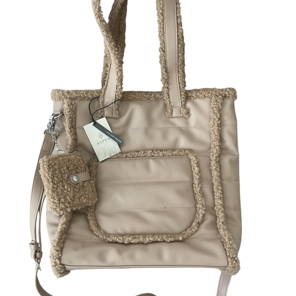Chic Beige Tote Bag with Shearling Trim